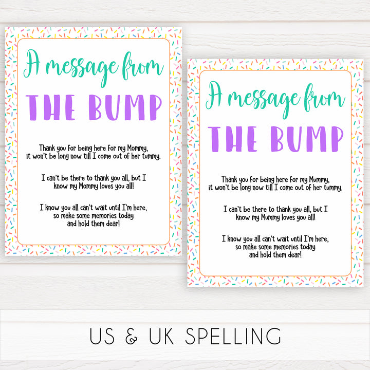 A message from the bump, Printable baby shower games, baby sprinkle fun baby games, baby shower games, fun baby shower ideas, top baby shower ideas, sprinkle shower baby shower, friends baby shower ideas