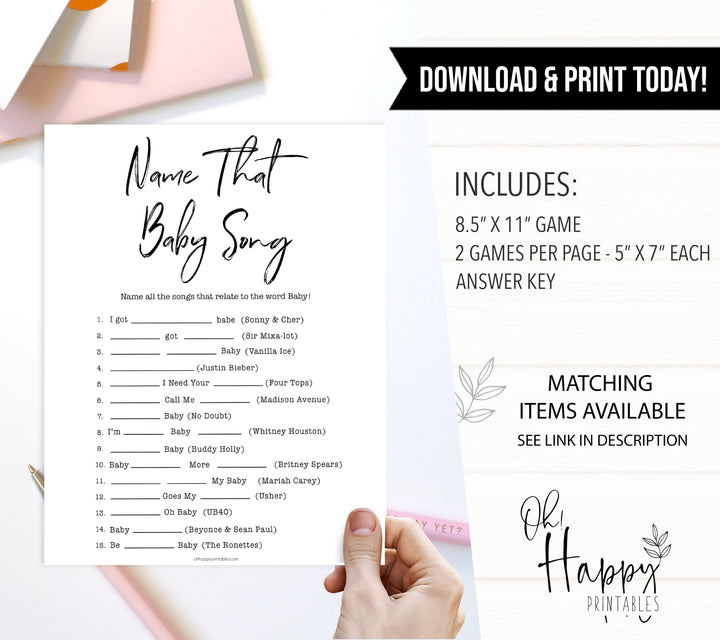 White Gender Reveal Name That Song Baby Shower Game, Baby Song Games, White Baby Shower Games, Name That Baby Song, Name that Song Game, funny baby games, popular baby games