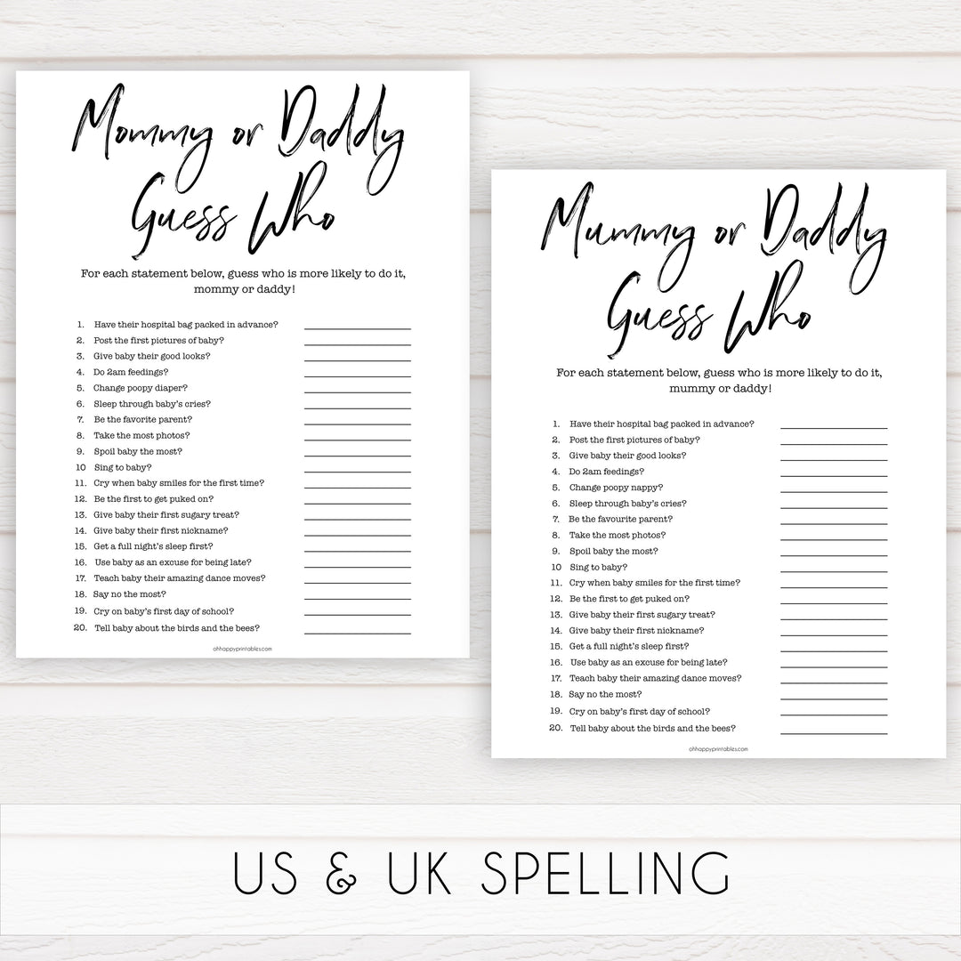 gender neutral baby shower games, guess whos likely, mommy or daddy baby games, printable baby shower, popular baby games, fun baby games, baby shower games