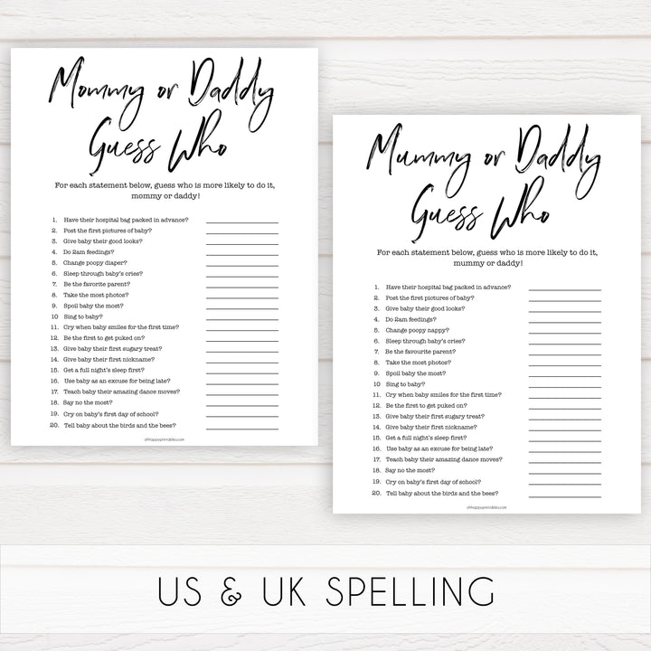 gender neutral baby shower games, guess whos likely, mommy or daddy baby games, printable baby shower, popular baby games, fun baby games, baby shower games