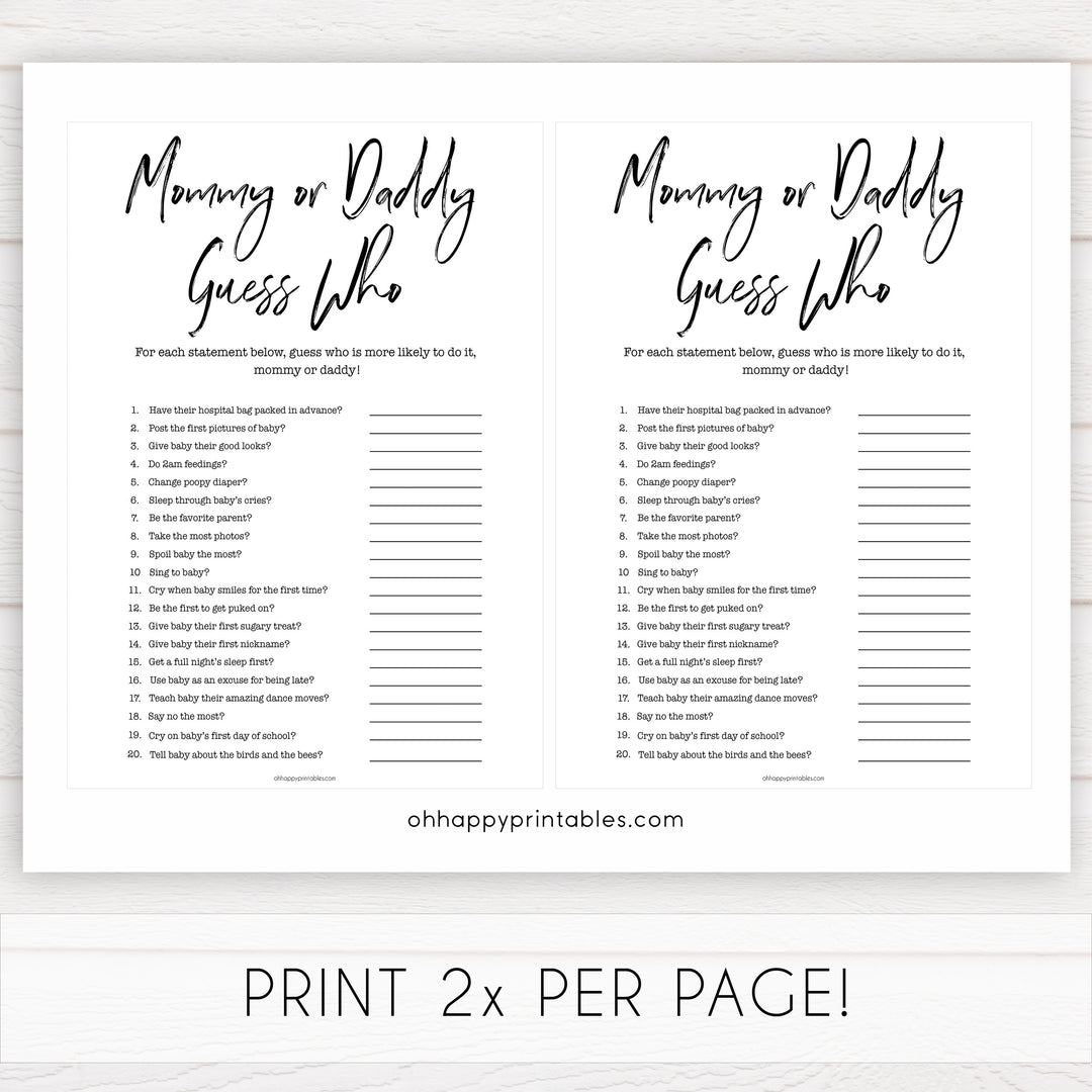 gender neutral baby shower games, guess whos likely, mommy or daddy baby games, printable baby shower, popular baby games, fun baby games, baby shower games