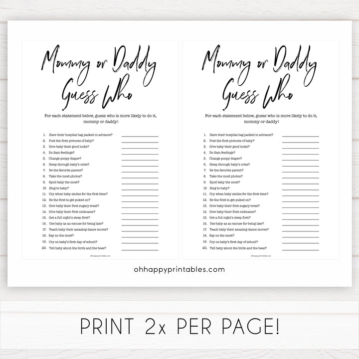 gender neutral baby shower games, guess whos likely, mommy or daddy baby games, printable baby shower, popular baby games, fun baby games, baby shower games