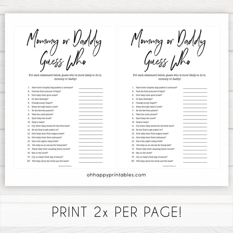 gender neutral baby shower games, guess whos likely, mommy or daddy baby games, printable baby shower, popular baby games, fun baby games, baby shower games