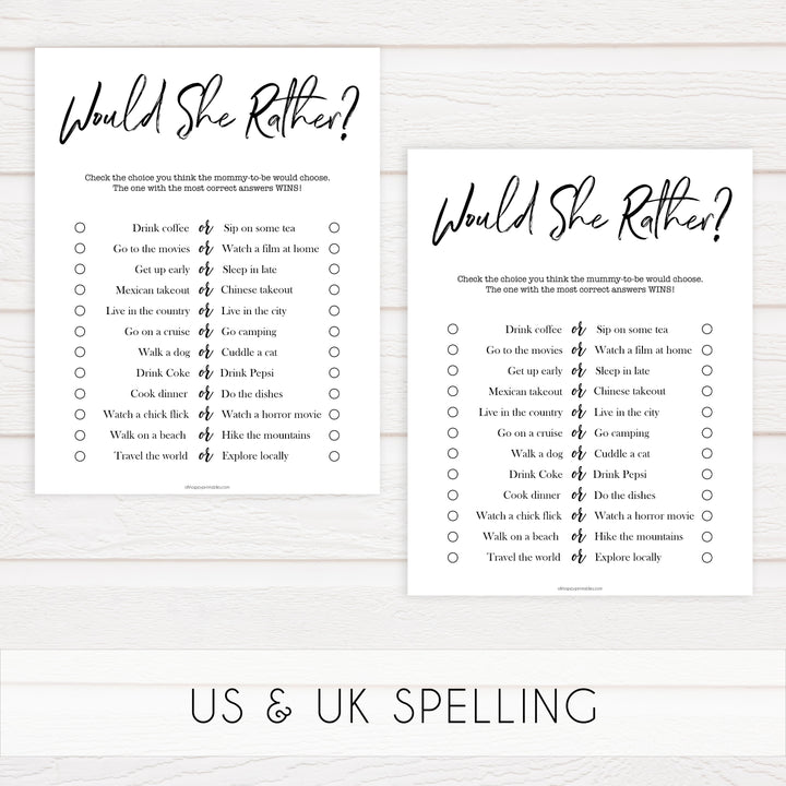 would she rather baby shower, printable baby shower games, fun baby games, fun baby shower ideas