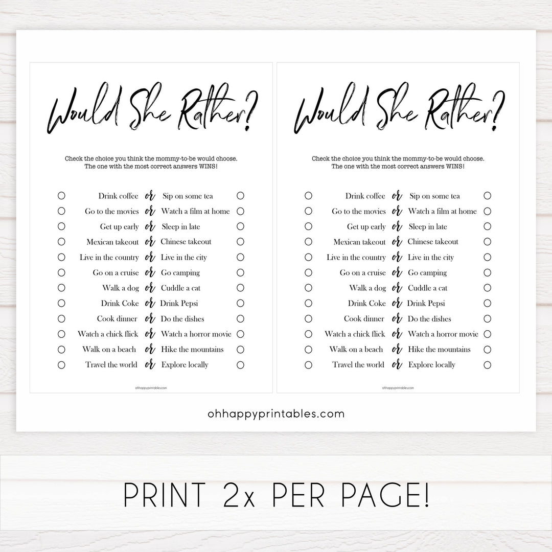 would she rather baby shower, printable baby shower games, fun baby games, fun baby shower ideas