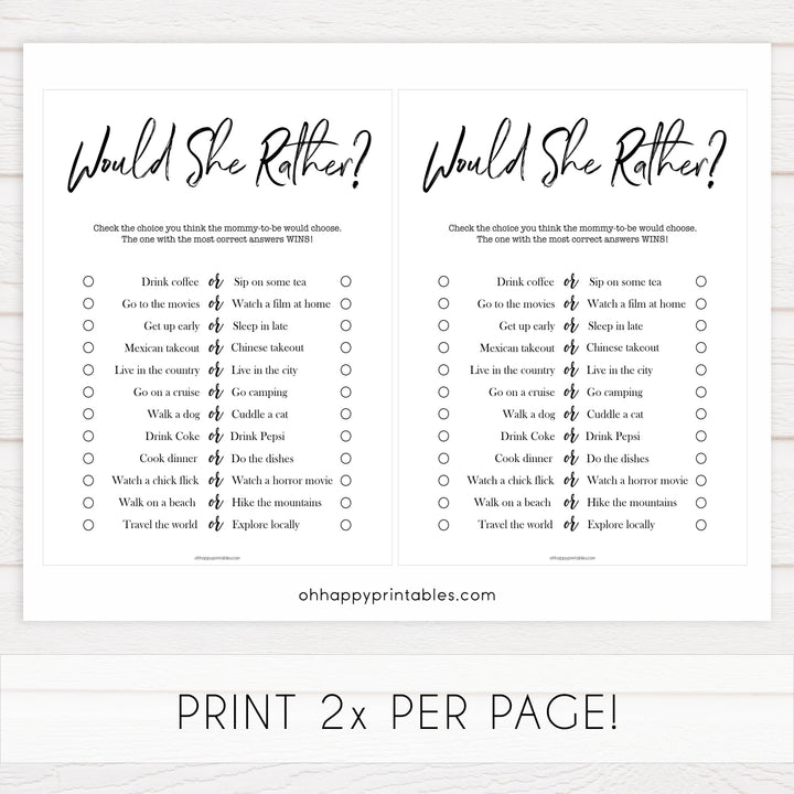 would she rather baby shower, printable baby shower games, fun baby games, fun baby shower ideas