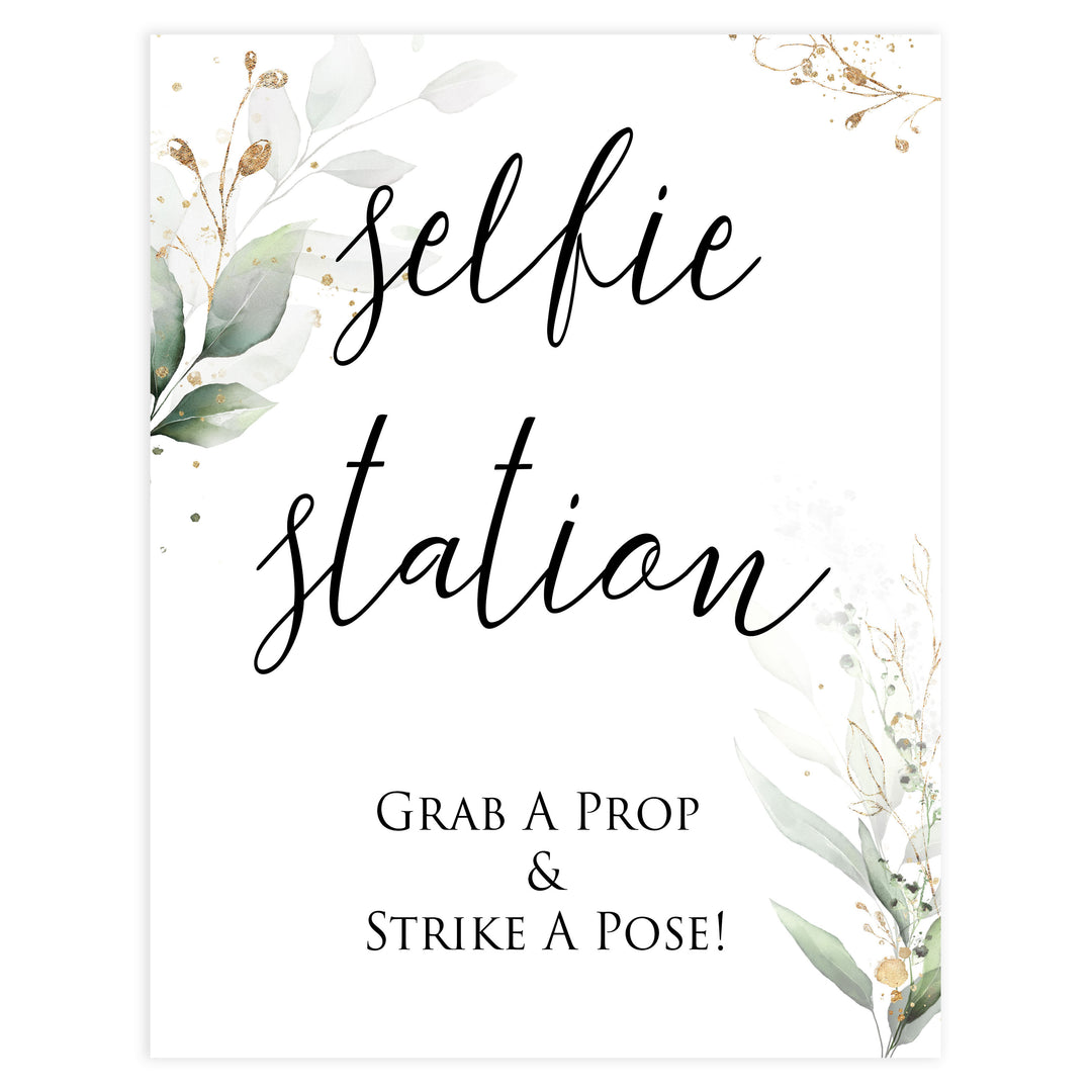 selfie station sign, Printable bridal shower signs, greenery bridal shower decor, gold leaf bridal shower decor ideas, fun bridal shower decor, bridal shower game ideas, greenery bridal shower ideas