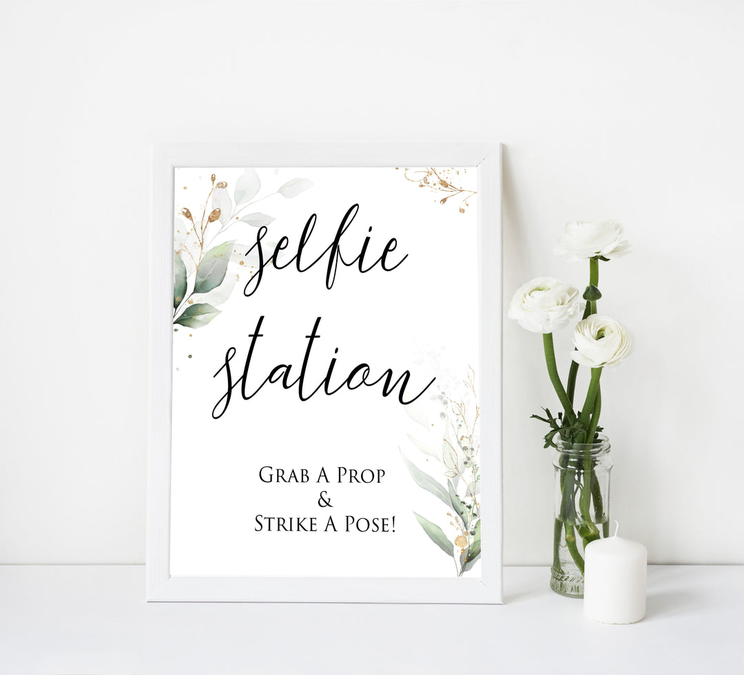 selfie station sign, Printable bridal shower signs, greenery bridal shower decor, gold leaf bridal shower decor ideas, fun bridal shower decor, bridal shower game ideas, greenery bridal shower ideas