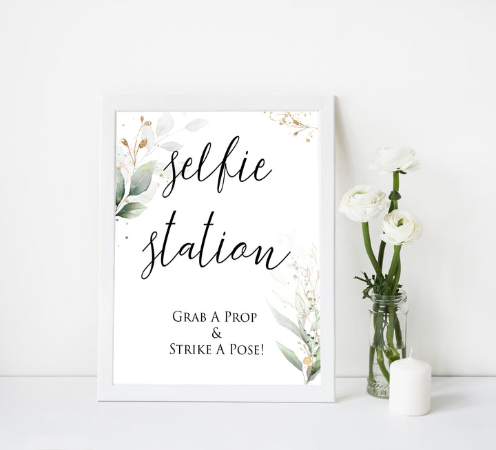 selfie station sign, Printable bridal shower signs, greenery bridal shower decor, gold leaf bridal shower decor ideas, fun bridal shower decor, bridal shower game ideas, greenery bridal shower ideas