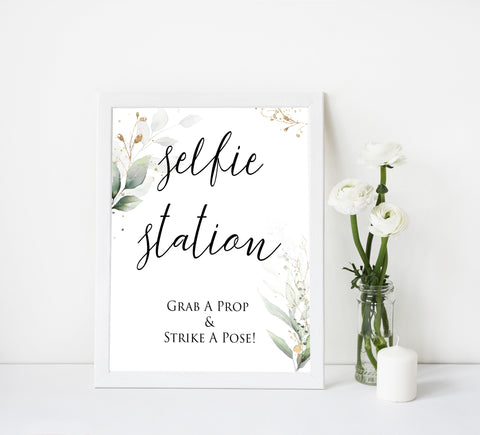 selfie station sign, Printable bridal shower signs, greenery bridal shower decor, gold leaf bridal shower decor ideas, fun bridal shower decor, bridal shower game ideas, greenery bridal shower ideas