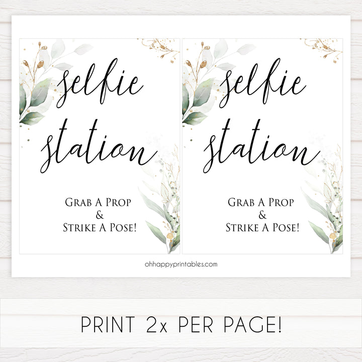 selfie station sign, Printable bridal shower signs, greenery bridal shower decor, gold leaf bridal shower decor ideas, fun bridal shower decor, bridal shower game ideas, greenery bridal shower ideas
