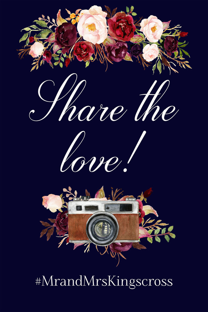 Share The Love Wedding Hashtag Marsala Floral Blue Sign Printable ...