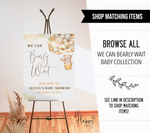 Fully editable and printable baby shower late night diapers game with a hot air balloon teddy bear, we can bearly wait design. Perfect for a We Can Bearly Wait baby shower themed party