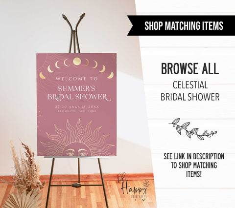 Fully editable and printable bridal shower over or under game with a celestial design. Perfect for a celestial bridal shower themed party