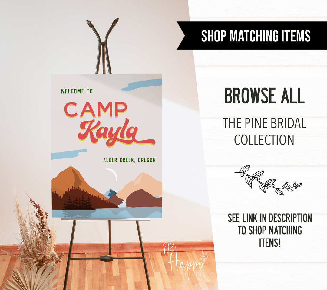 Fully editable and printable retro bachelorette invitation with a pine cabin design. Perfect for a cabin adventure Bachelorette themed party