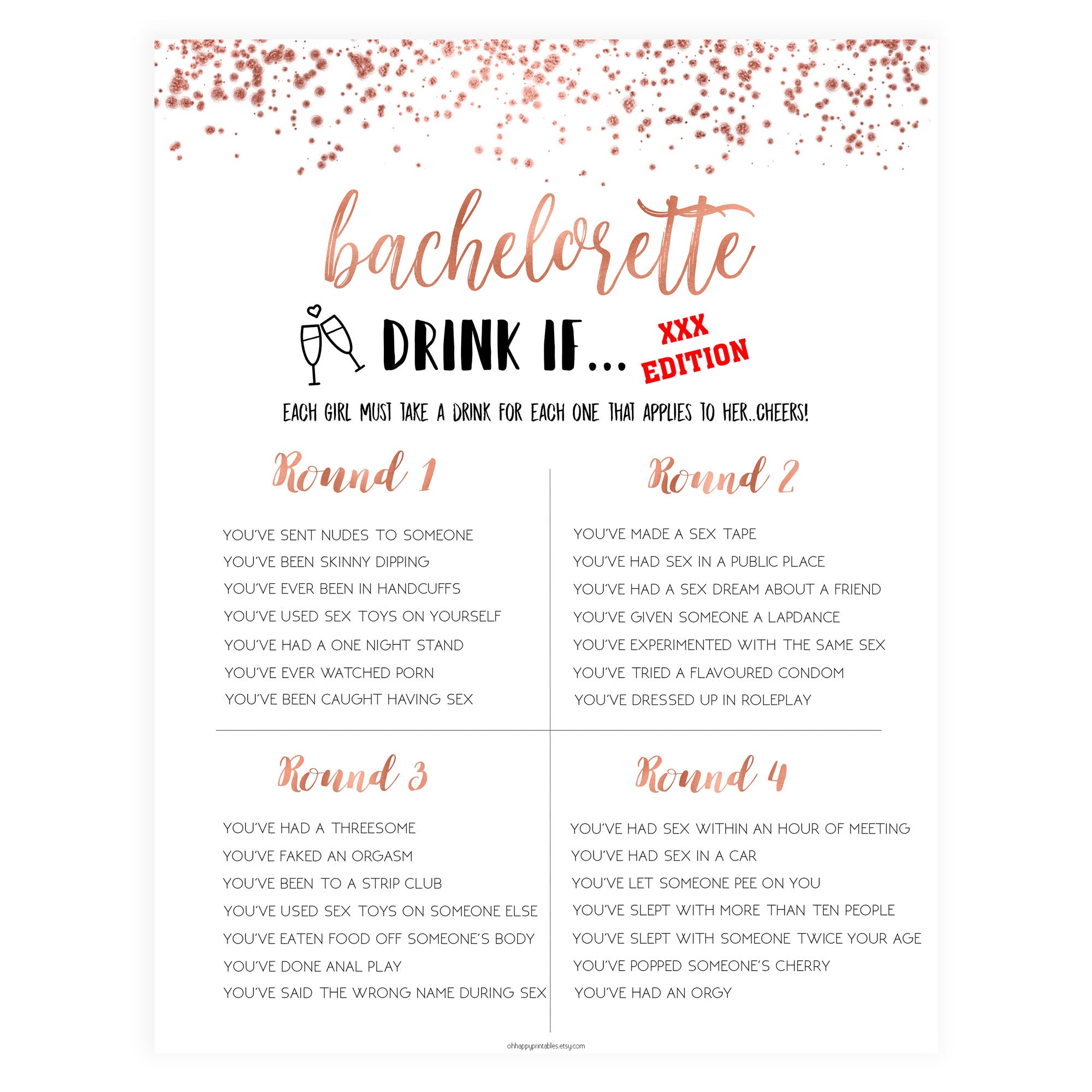 X Rated Bachelorette Drink If Game - Rose Gold Foil