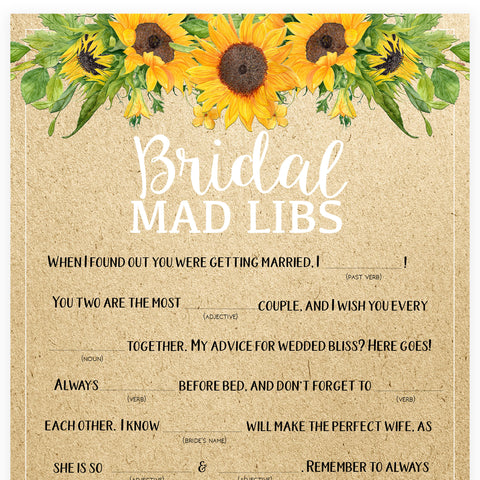 Bridal Mad Libs Game - Sunflowers
