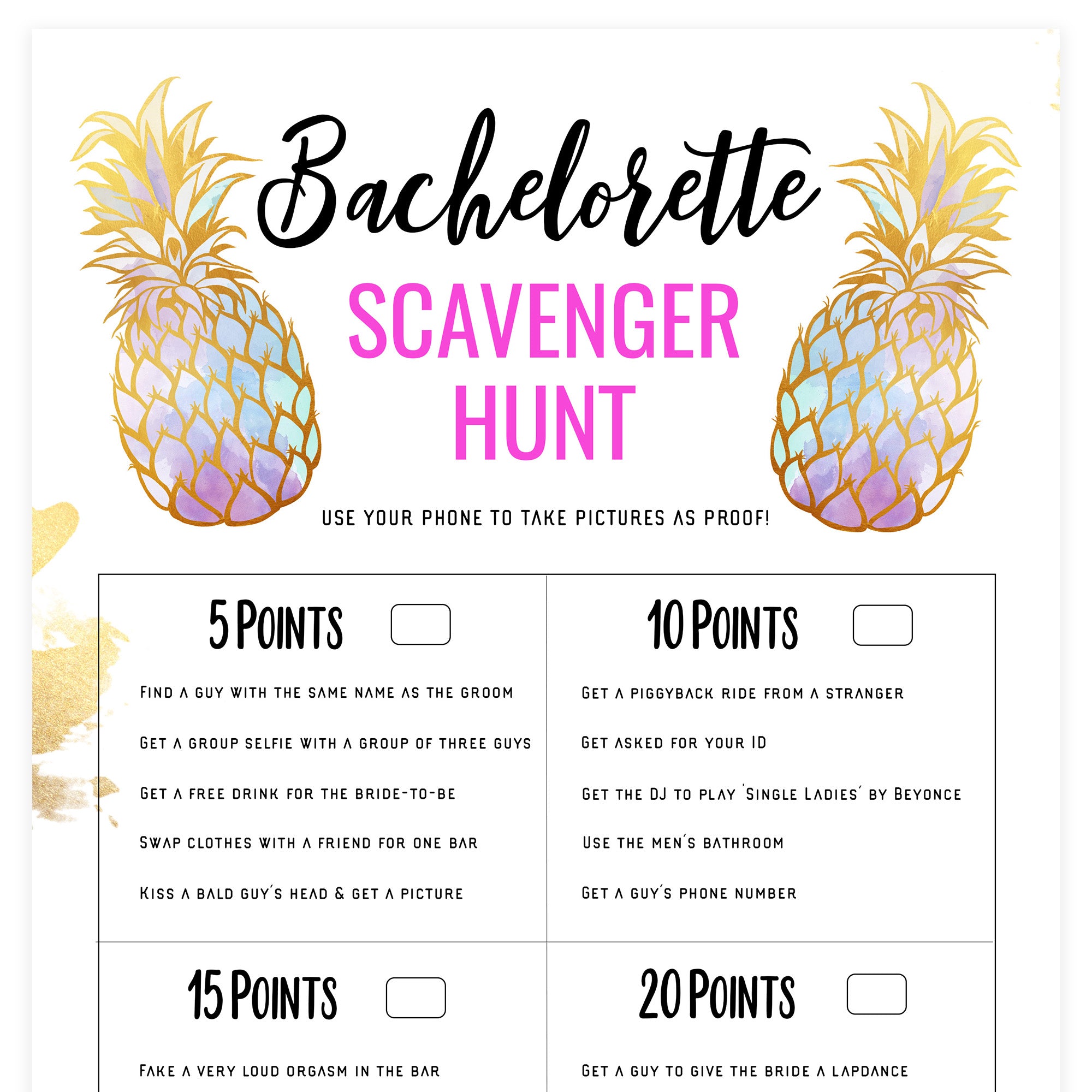 Bachelorette Scavenger Hunt - Gold Pineapple
