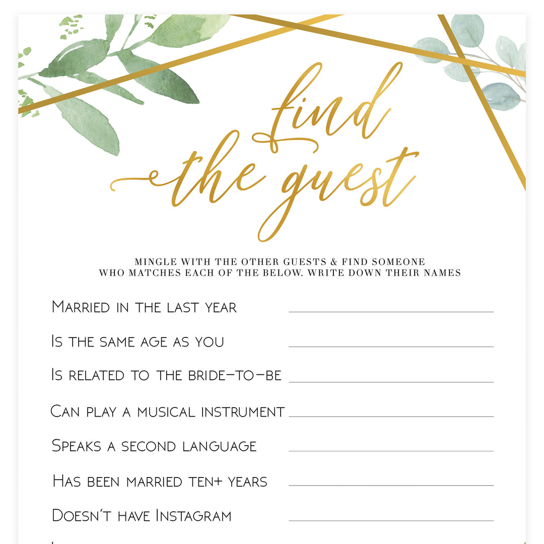 Find The Guest Bridal Game - Gold Greenery