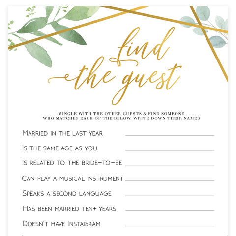 Find The Guest Bridal Game - Gold Greenery