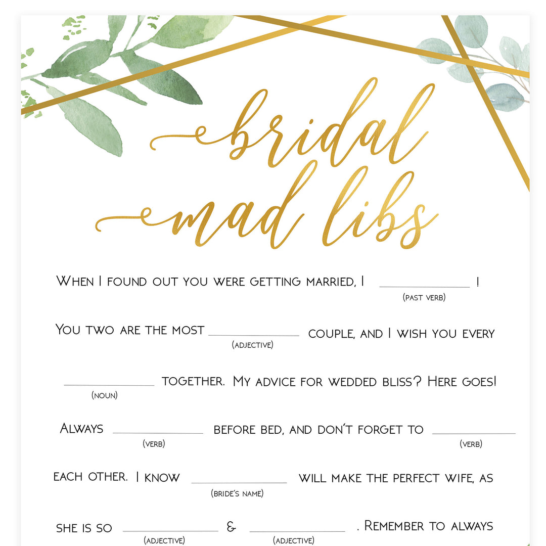 Bridal Mad Libs Game - Gold Greenery
