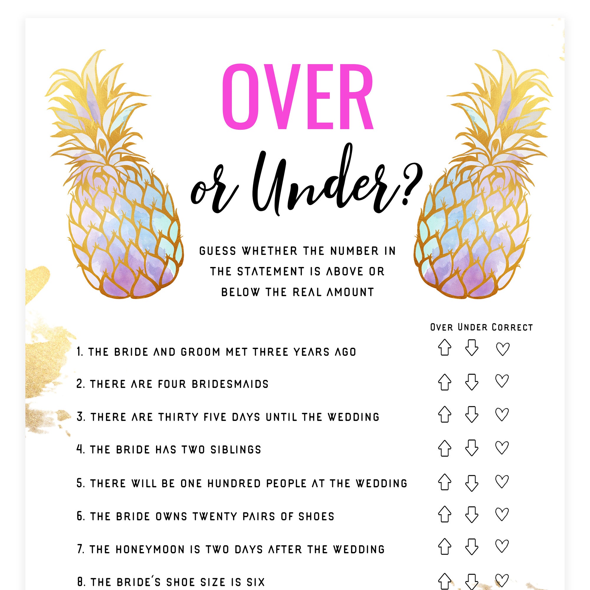 Over or Under Bridal Game - Gold Pineapple