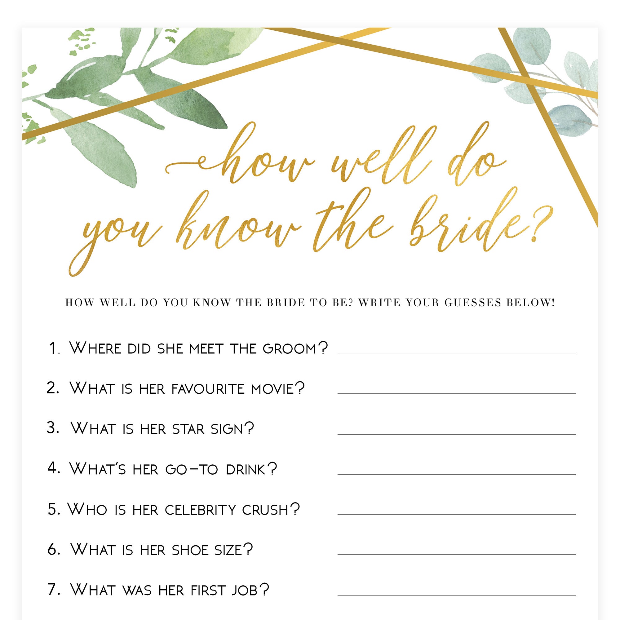 Do You Know the Bride Game - Gold Greenery