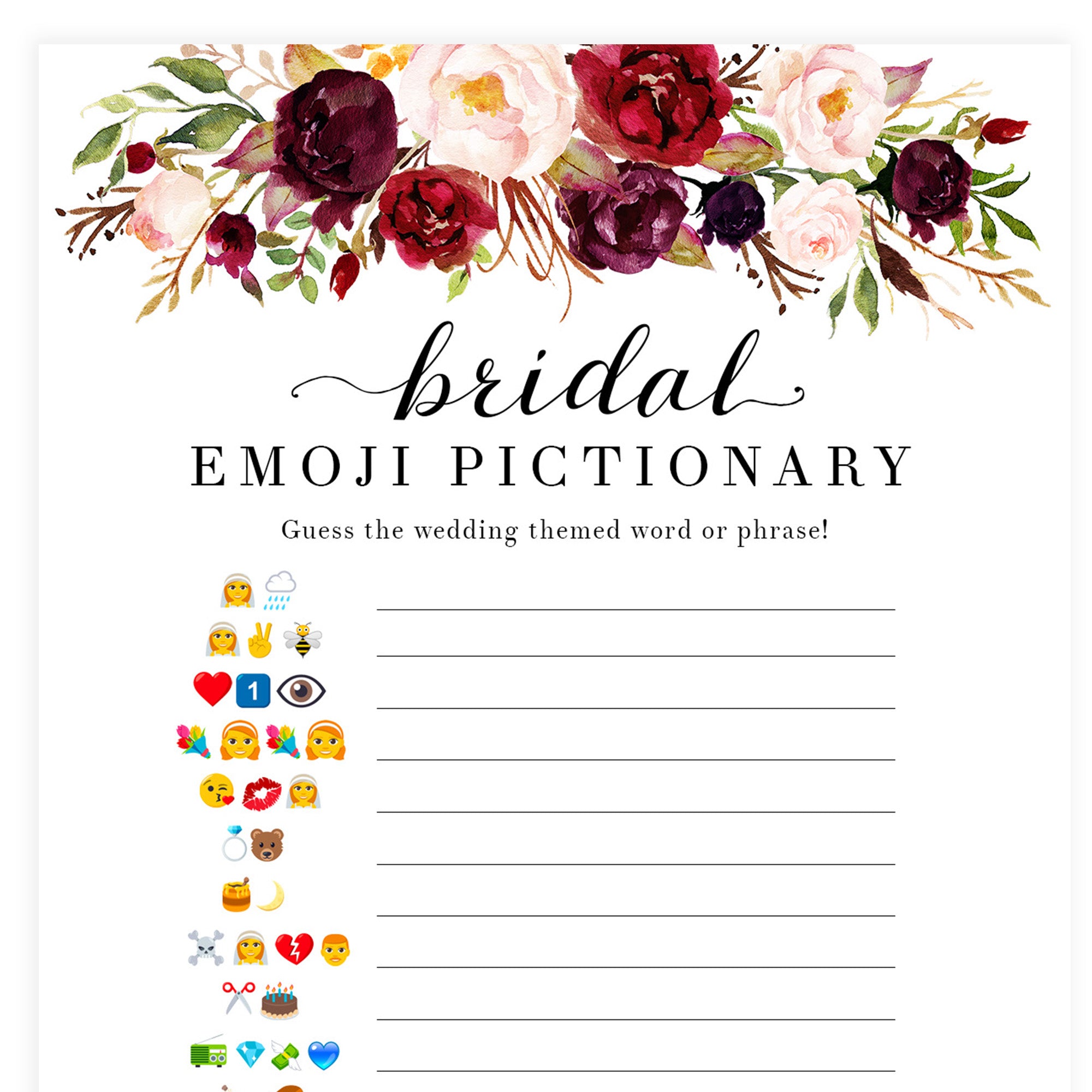 Bridal Emoji Pictionary - White Marsala
