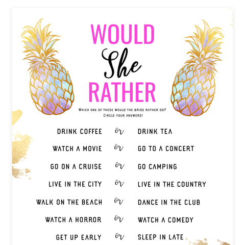 Would She Rather Bridal Game - Gold Pineapple