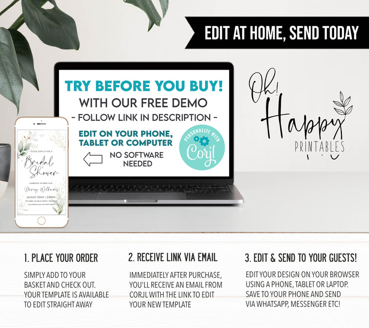 bridal tea party invite, greenery bridal shower invite, mobile invites, editable bridal shower invite, corjl bridal invite, bachelorette party invite