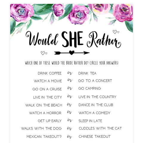 Would She Rather Bridal Game - Purple Peonies