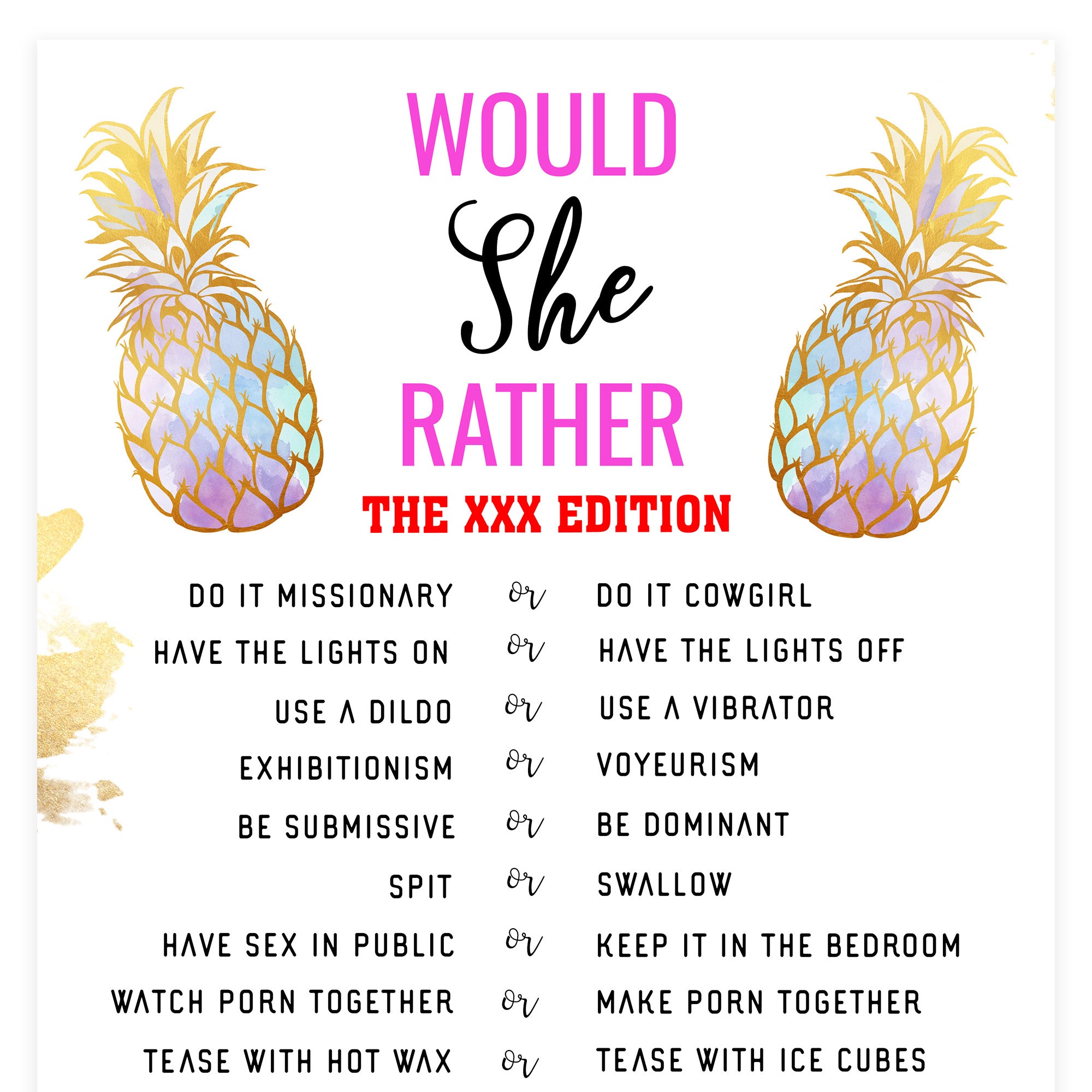 XXX Would She Rather Game Printable Adult Bachelorette Party Games