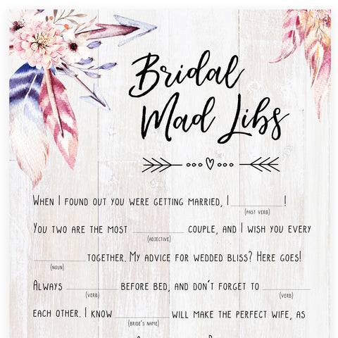Bridal Mad Libs Game - Boho