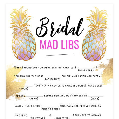 Bridal Mad Libs Game - Gold Pineapple