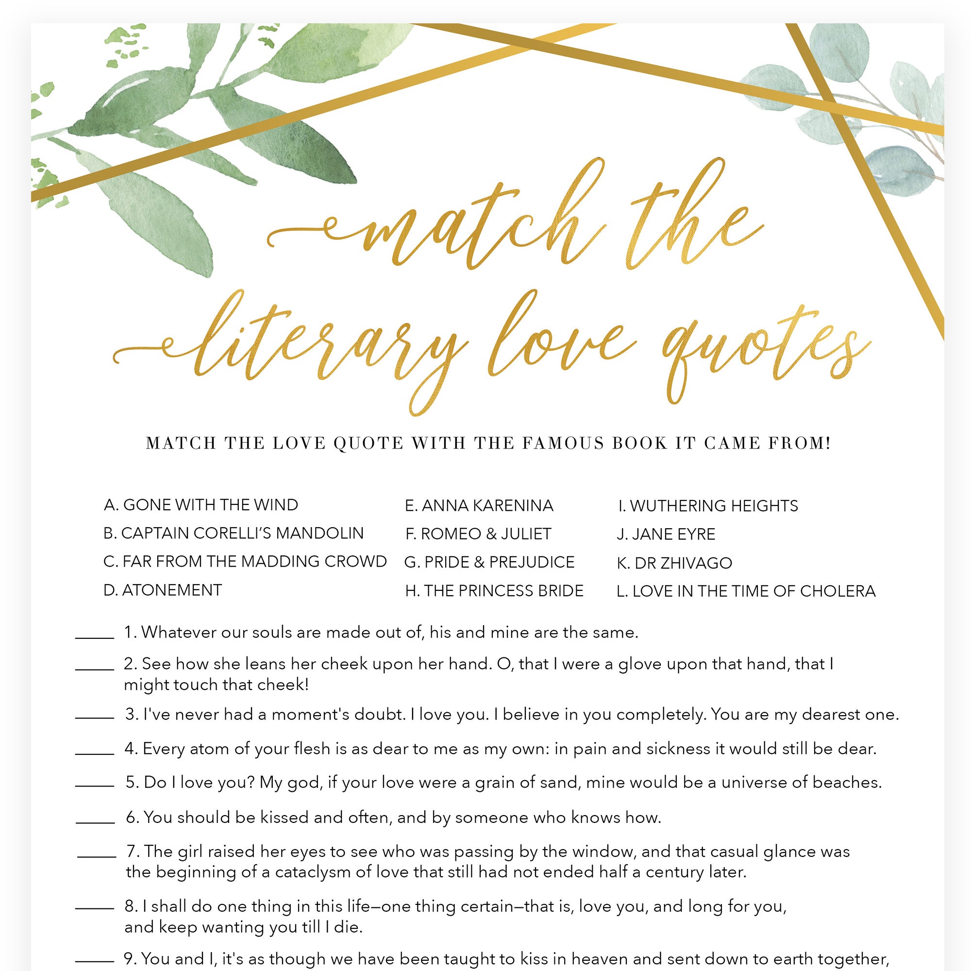match the literary love quotes game, printable bridal shower games, floral bridal shower games, gold bridal shower games, fun bridal shower game ideas