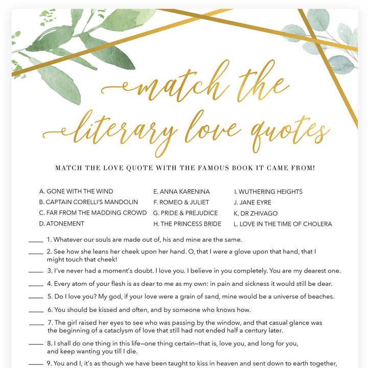match the literary love quotes game, printable bridal shower games, floral bridal shower games, gold bridal shower games, fun bridal shower game ideas