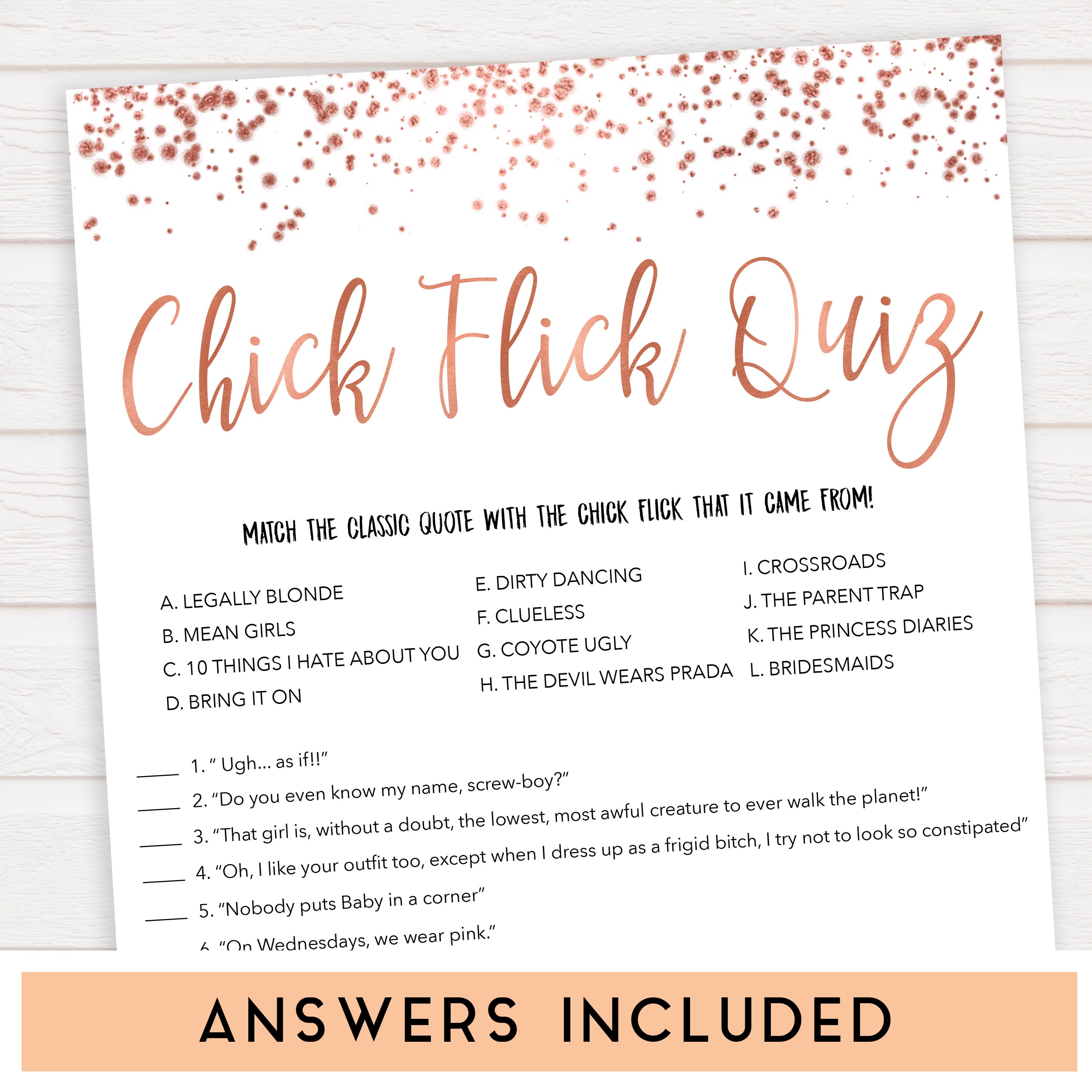 Rose gold bachelorette games, chick flick quiz bachelorette games, bridal shower games, top 10 baby games, fun bachelorette games, top bridal games, rose gold games