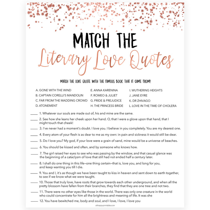 Match the Literary Love Quotes - Rose Gold Foil