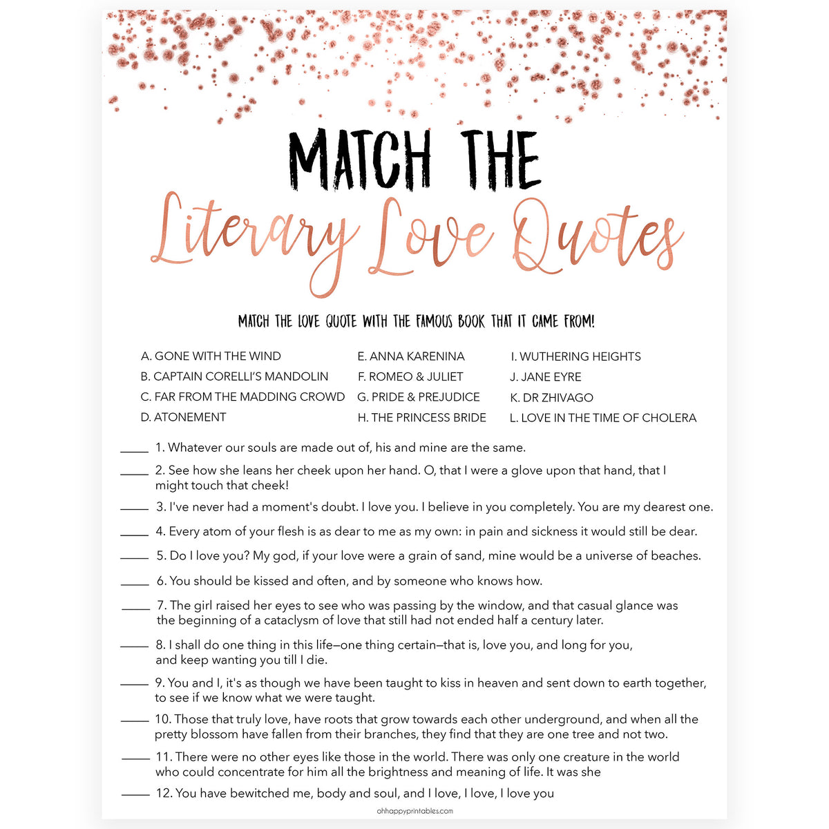 Match the Literary Love Quotes - Rose Gold Foil