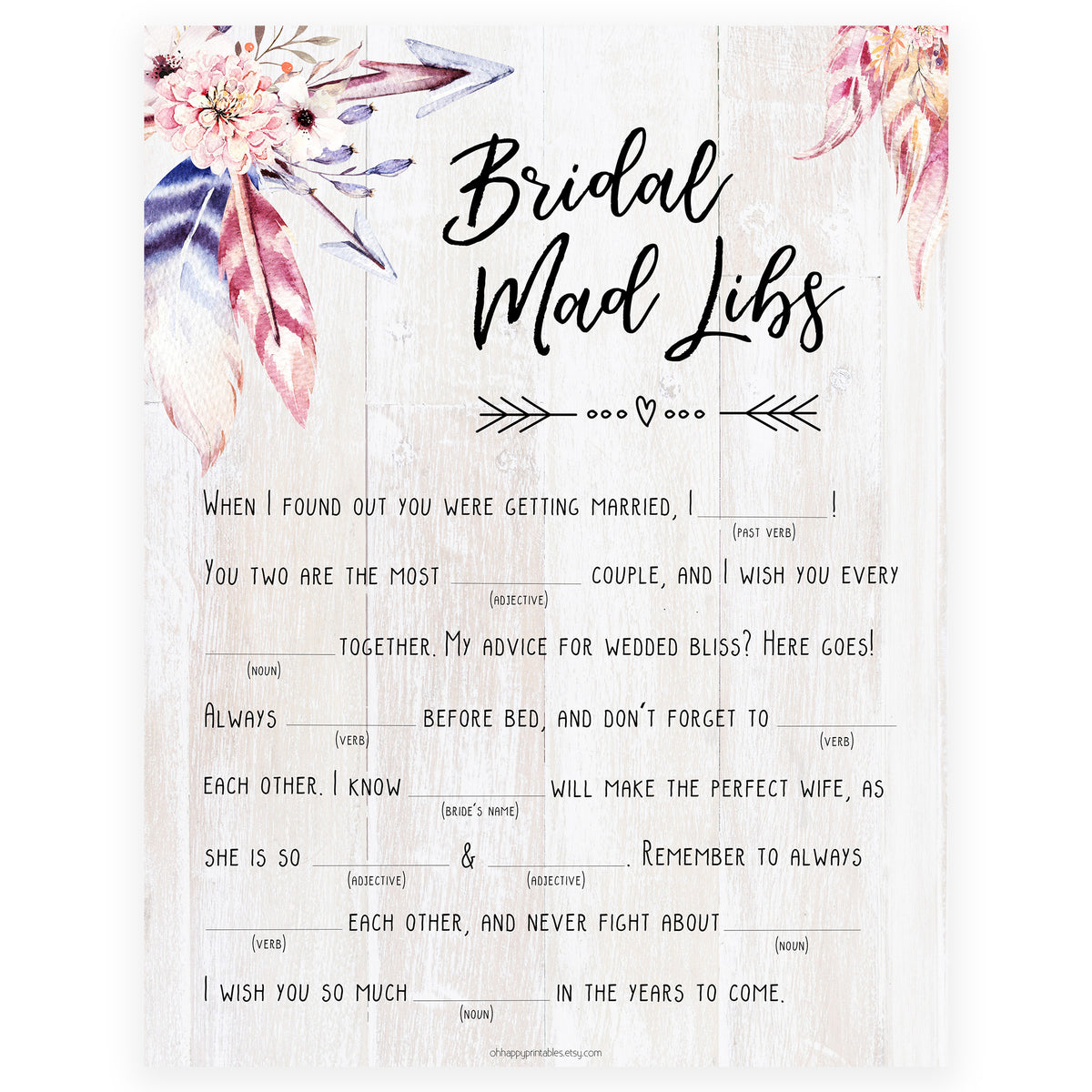 Bridal Mad Libs Game - Boho