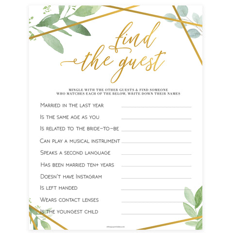 Find The Guest Bridal Game - Gold Greenery