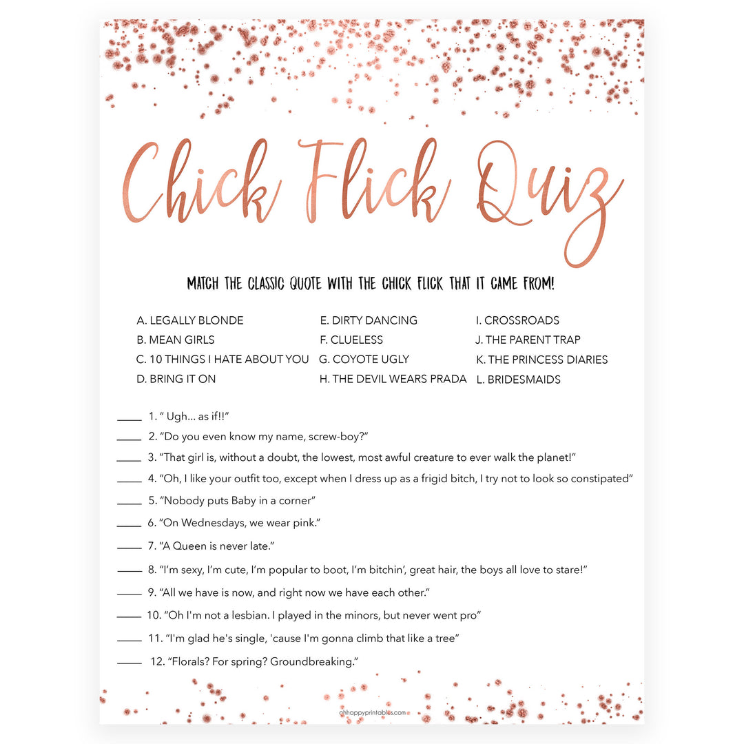 Rose gold bachelorette games, chick flick quiz bachelorette games, bridal shower games, top 10 baby games, fun bachelorette games, top bridal games, rose gold games