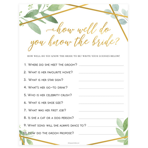 Do You Know the Bride Game - Gold Greenery