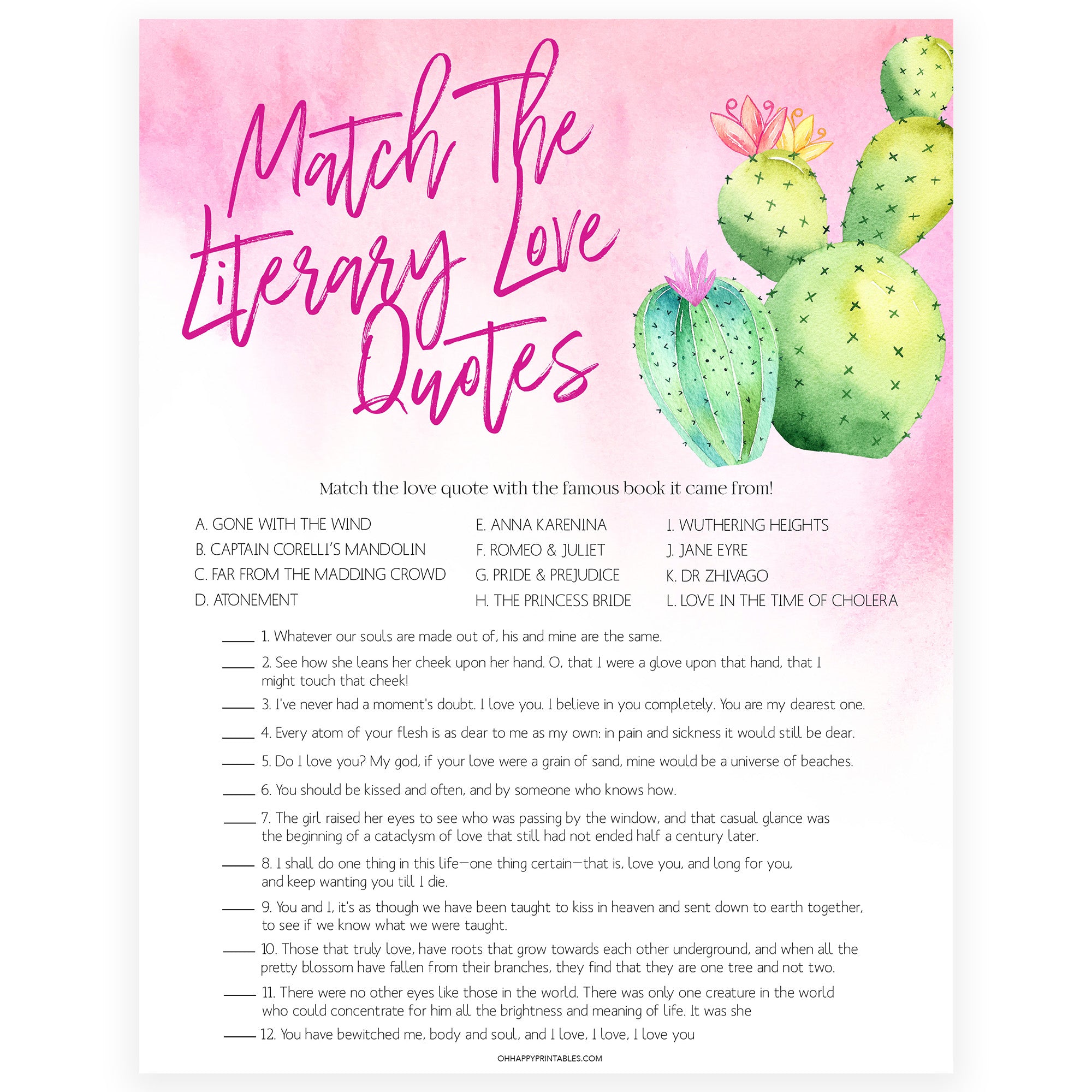 Match the Literary Love Quotes - Fiesta