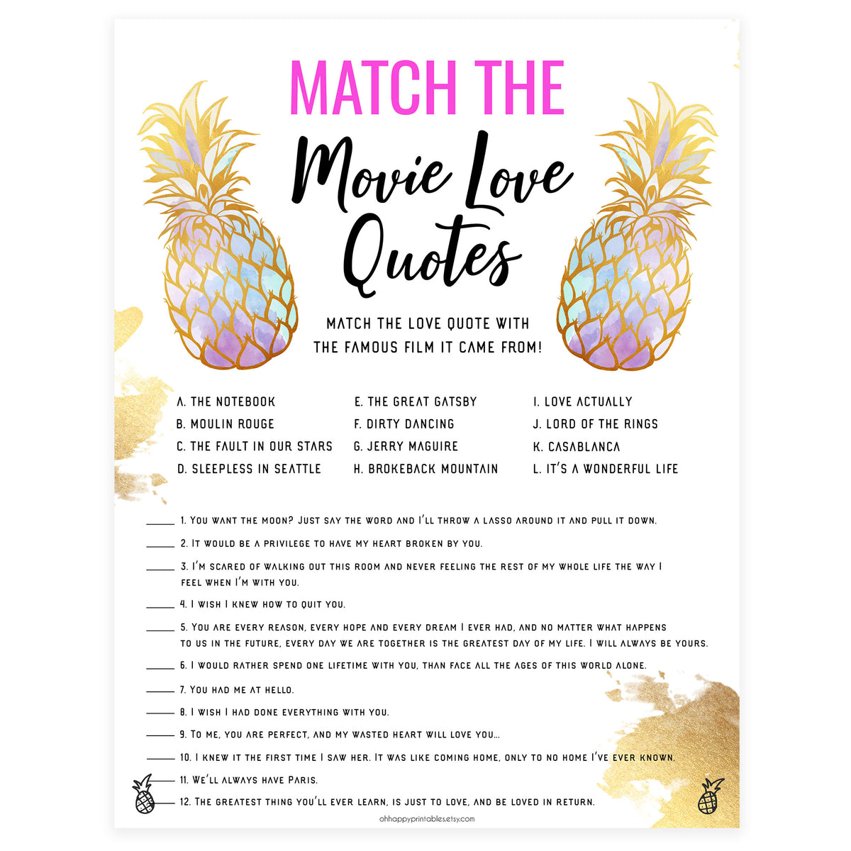 Match the Movie Love Quotes - Gold Pineapple
