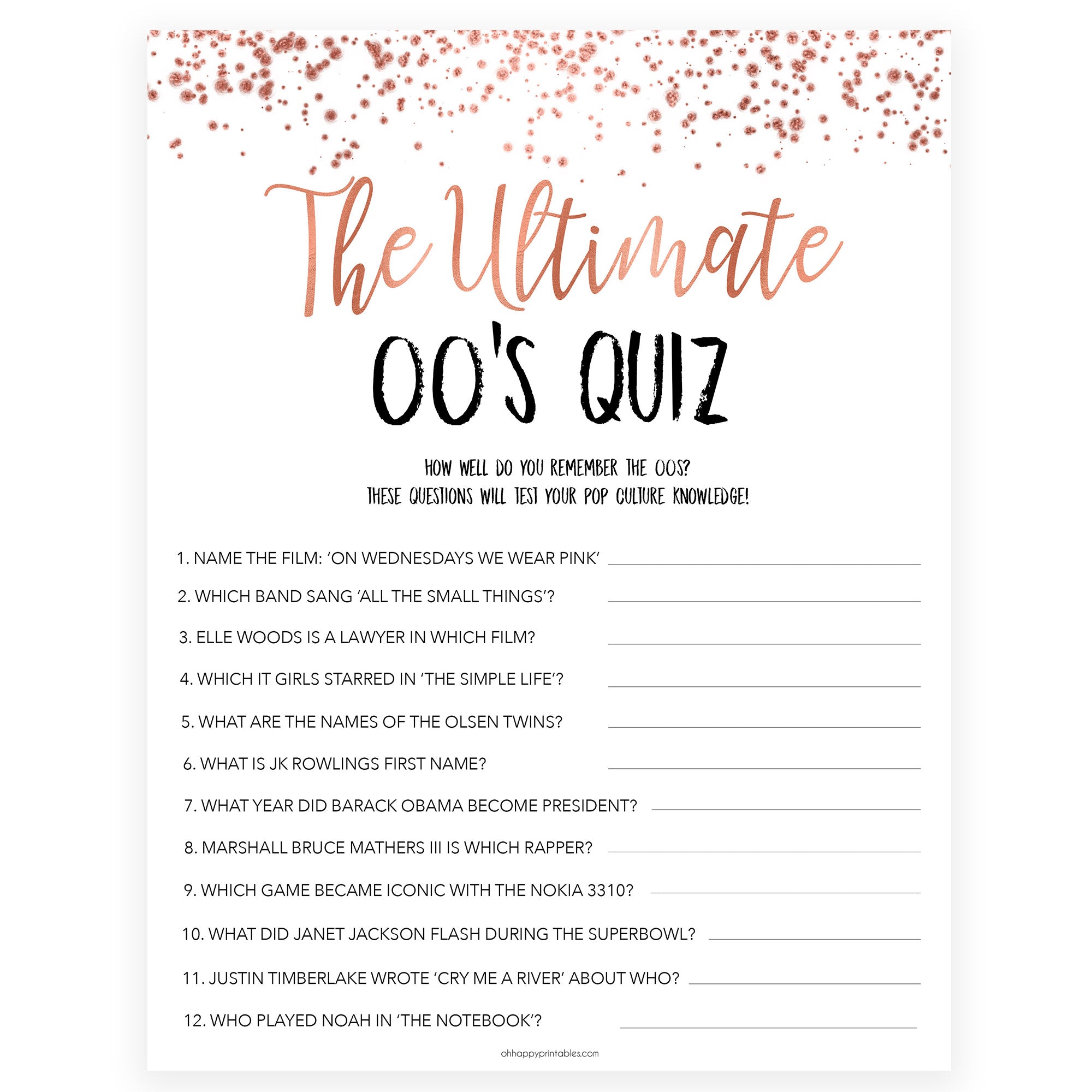Rose gold bachelorette games, ultimate 00s quiz, bachelorette games, bridal shower games, top 10 baby games, fun bachelorette games, top bridal games, rose gold games