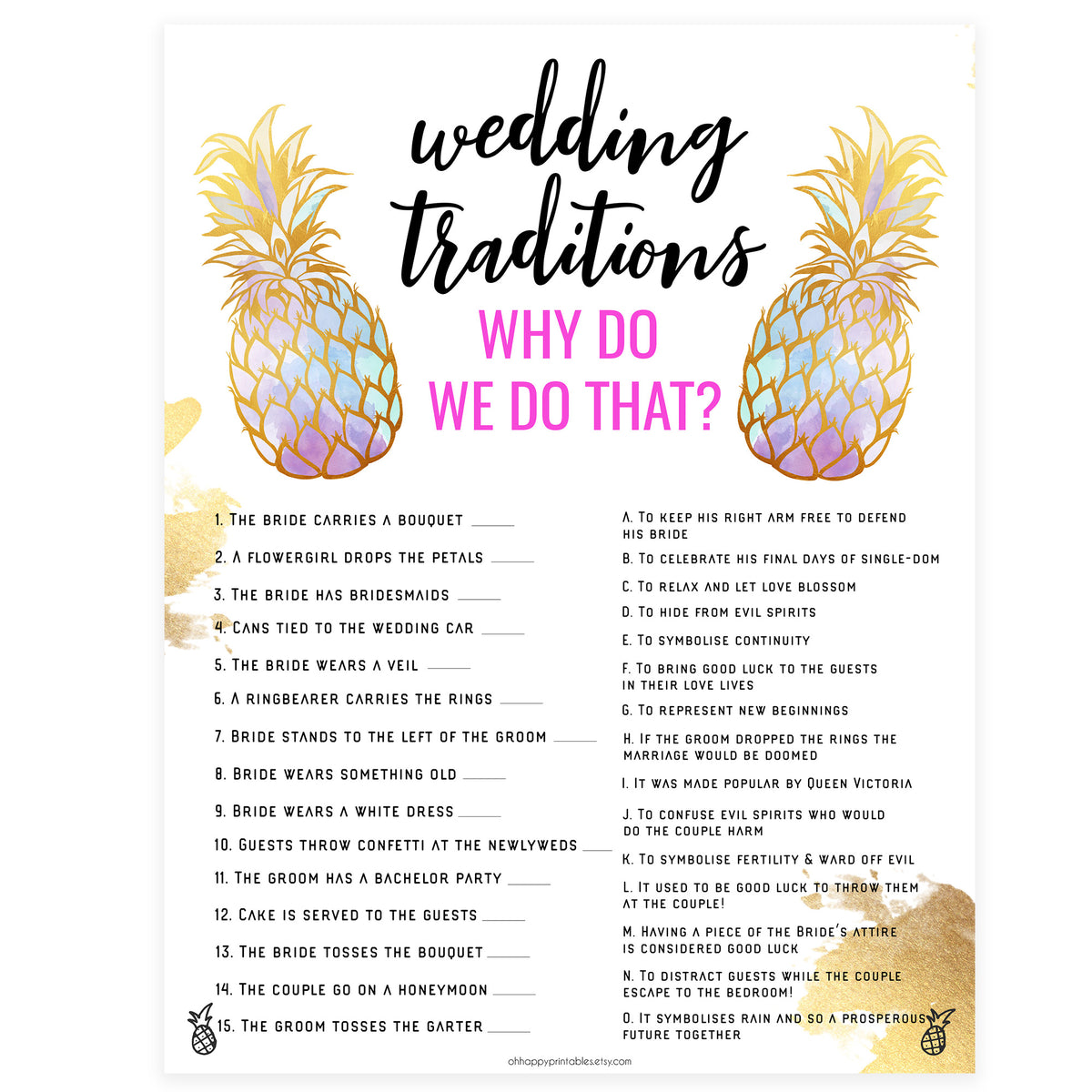Wedding Traditions Trivia Game - Gold Pineapple