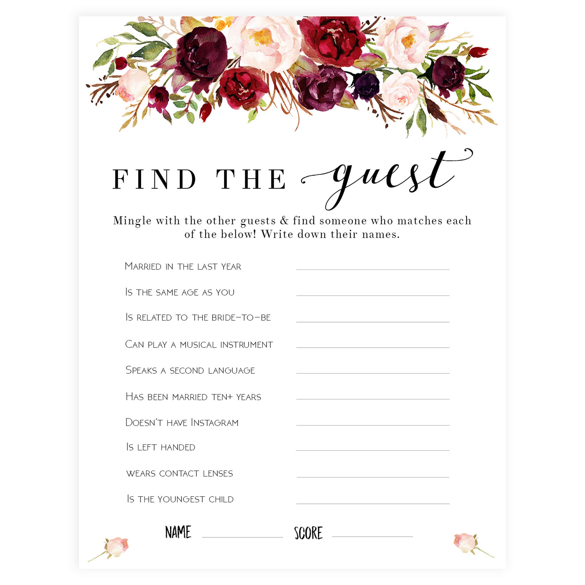 Find The Guest Bridal Game - White Marsala