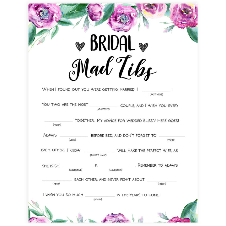Bridal Mad Libs Game - Purple Peonies