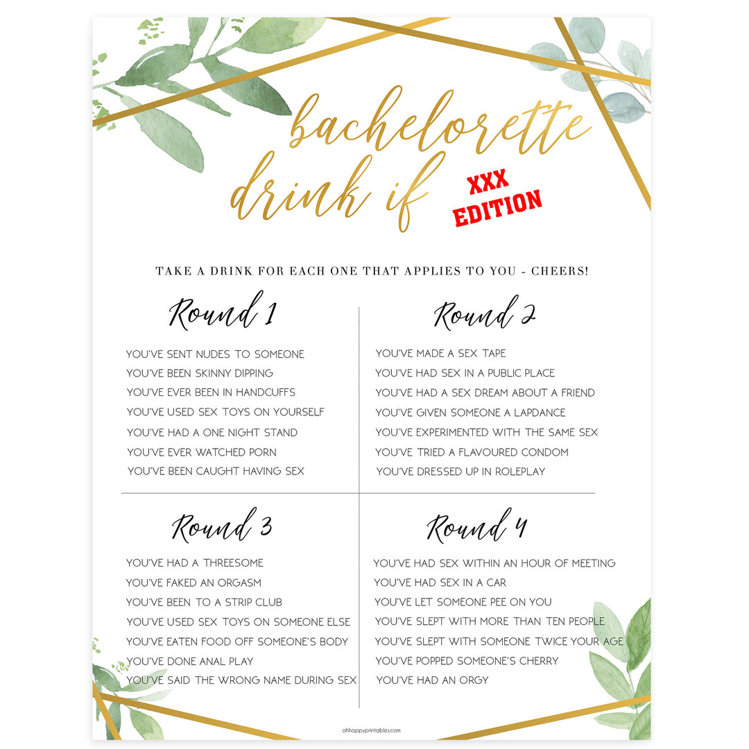 X Rated Bachelorette Drink If Game - Gold Greenery